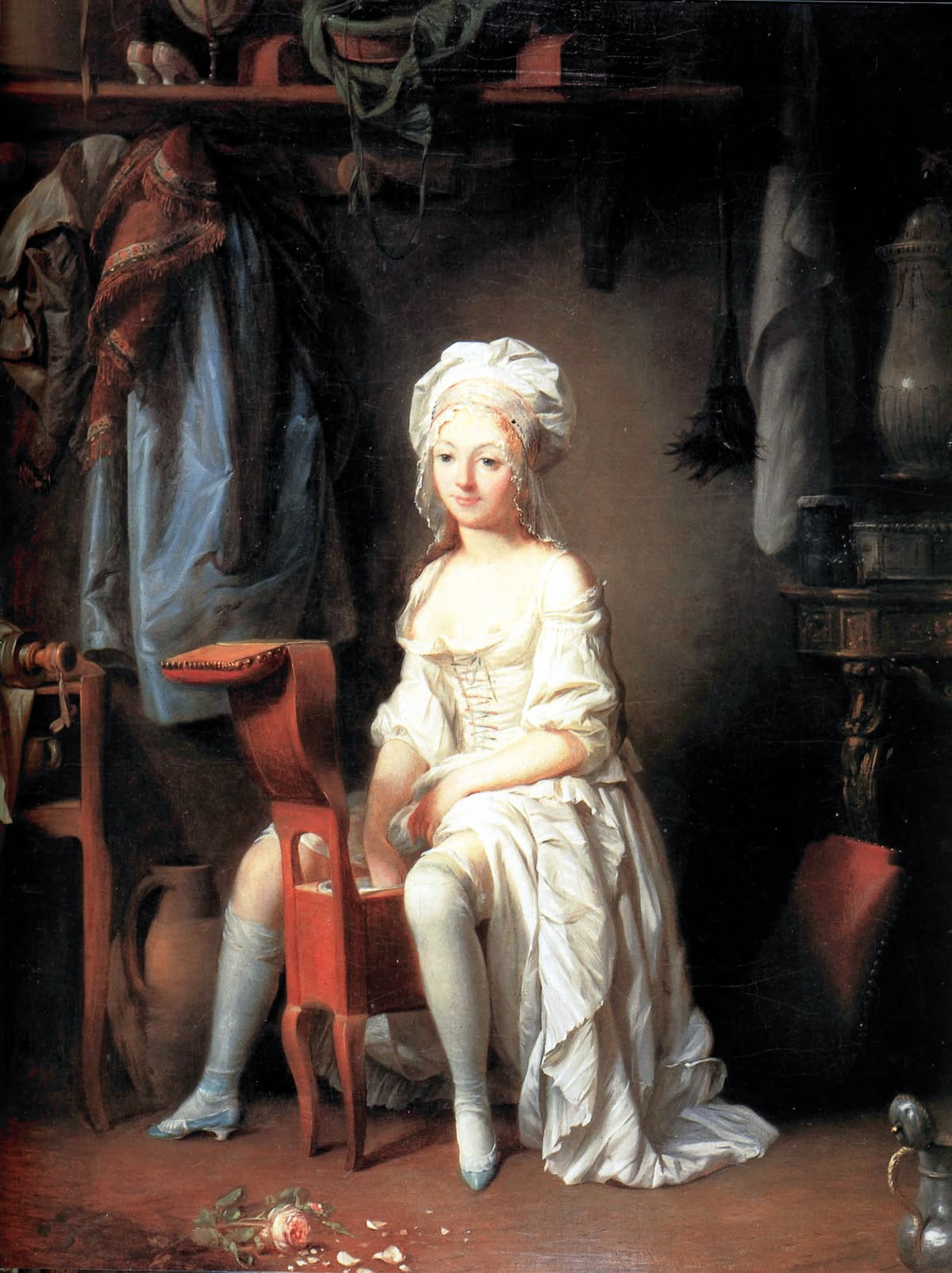 Pintura del siglo XVIII de una mujer en su aseo íntimo, junto a un bidé de la época.