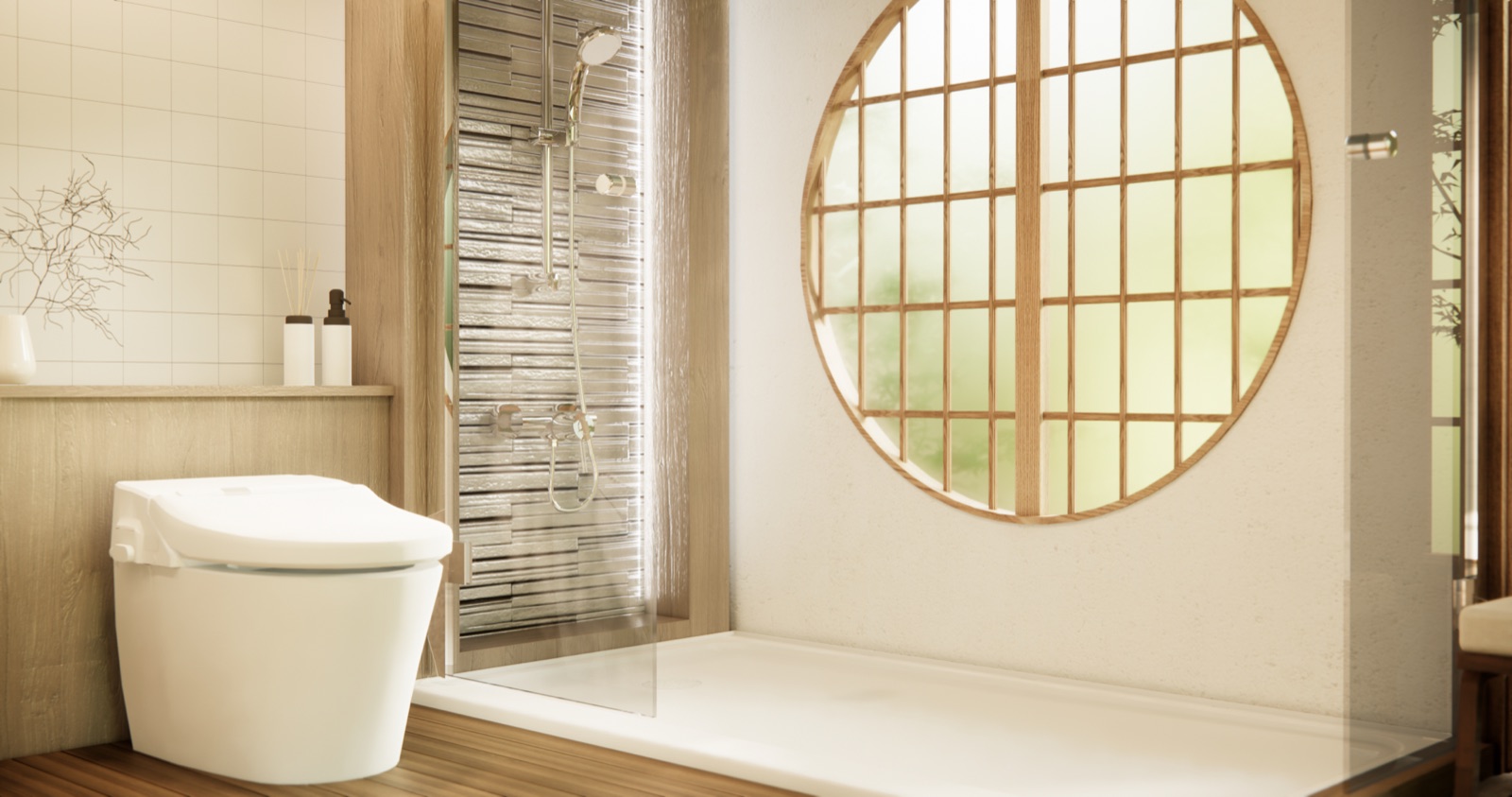 Cuarto de baño moderno de estilo japonés zen: inodoro con asiento bidé, ducha y una gran ventana circular de madera