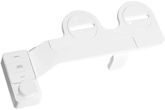 El bidé OLAVA: un accesorio blanco que se instala bajo la tapa del inodoro, con panel de control lateral.
